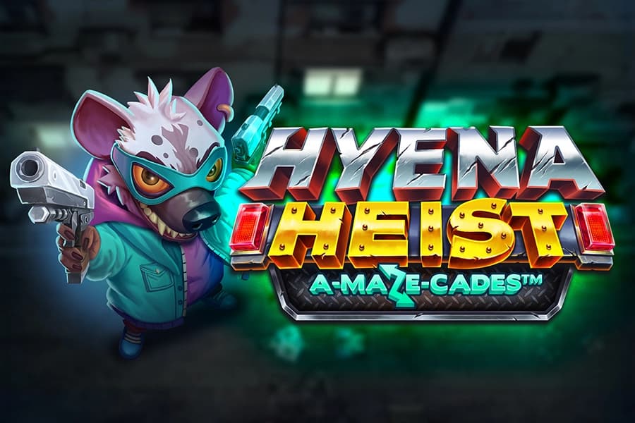 A cartoon-style hyena in a hoodie and mask holds two pistols next to a metallic game title with neon glow.