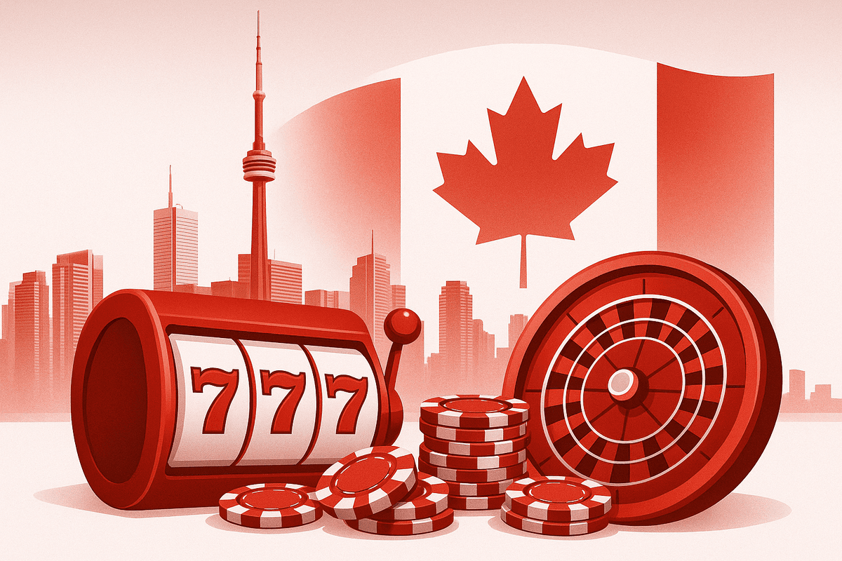 Toronto skyline with CN Tower alongside casino elements like slot reels, roulette wheel, and poker chips in Canada’s red-and-white theme, symbolizing Ontario’s regulated online gambling market.