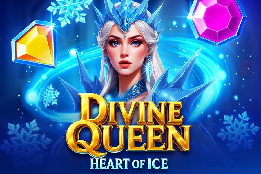 alt: Divine Queen: Heart of Ice slot logo with ice queen, crown, and floating gemstones