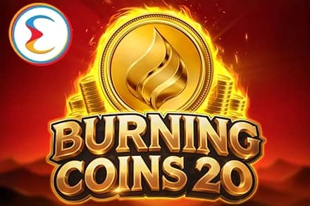 A golden coin with a flame emblem surrounded by fire and stacked coins, set against a red mountainous background.