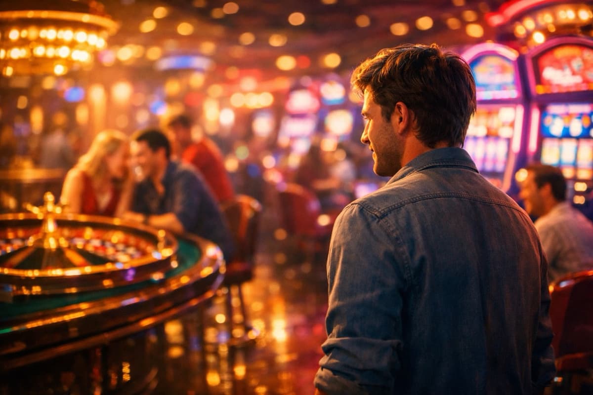 A young man stands in a brightly lit, colorful casino, looking at a roulette table and happy people around him, with a warm, lively, and vibrant atmosphere.