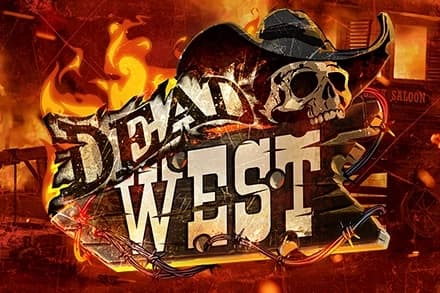 Dead West slot logo with flaming skull, cowboy hat, and barbed wire.