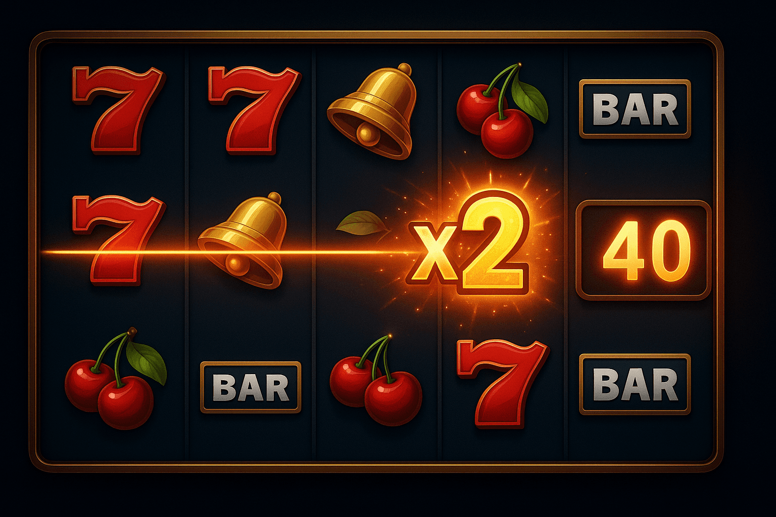 Winning payline in a classic 5x3 slot machine with an x2 multiplier symbol doubling the payout.