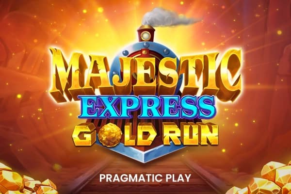 Majestic Express – Gold Run featuring a stylized train front with bold gold and blue lettering, set in a glowing underground mine with scattered gems.