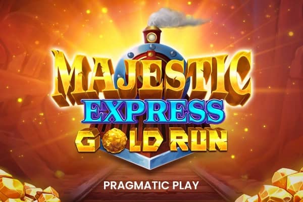 Logo for Majestic Express – Gold Run featuring a stylized train front with bold gold and blue lettering, set in a glowing underground mine with scattered gems.