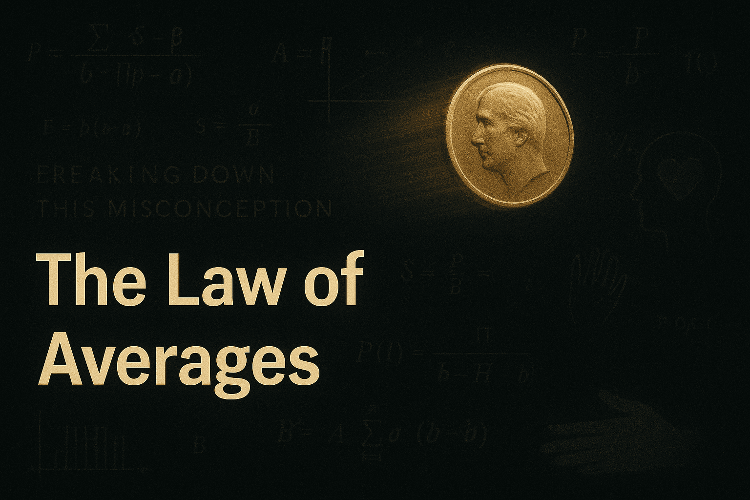 Conceptual cinematic image featuring a glowing golden coin emerging from darkness, surrounded by mathematical equations, symbols, and abstract human icons that represent the illusion of balance in probability.