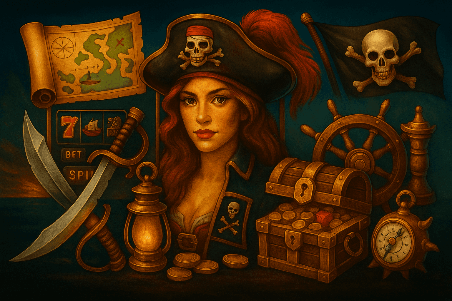 Pirate slot symbols with treasure, skulls, ships, and a confident female pirate in a semi-realistic style.