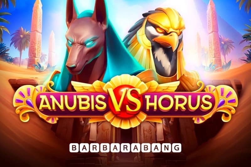 Egyptian gods Anubis and Horus face off in a bright, stylized slot game logo.