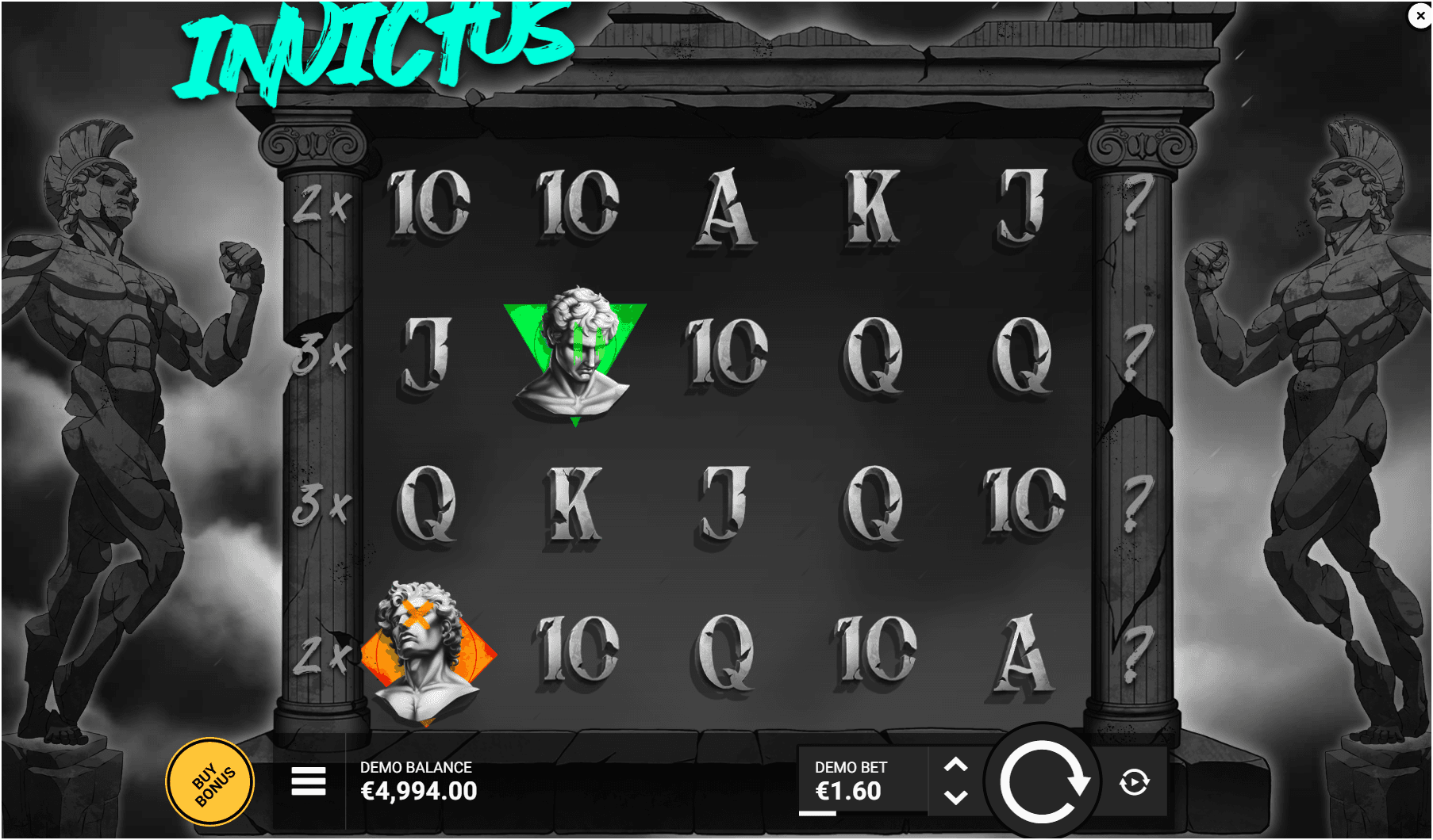 A 5x4 reel slot interface framed by stone statues and columns, featuring Roman-style symbols, two character busts with green and orange triangle backgrounds, and UI elements showing balance, bet amount, and spin controls.
