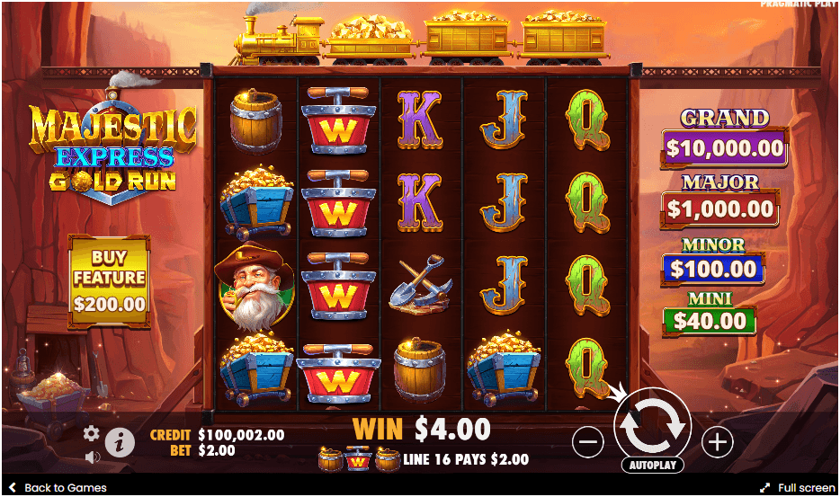 Slot screen of Majestic Express – Gold Run with five reels, mining-themed symbols, jackpot tiers, and a golden train above the reels.