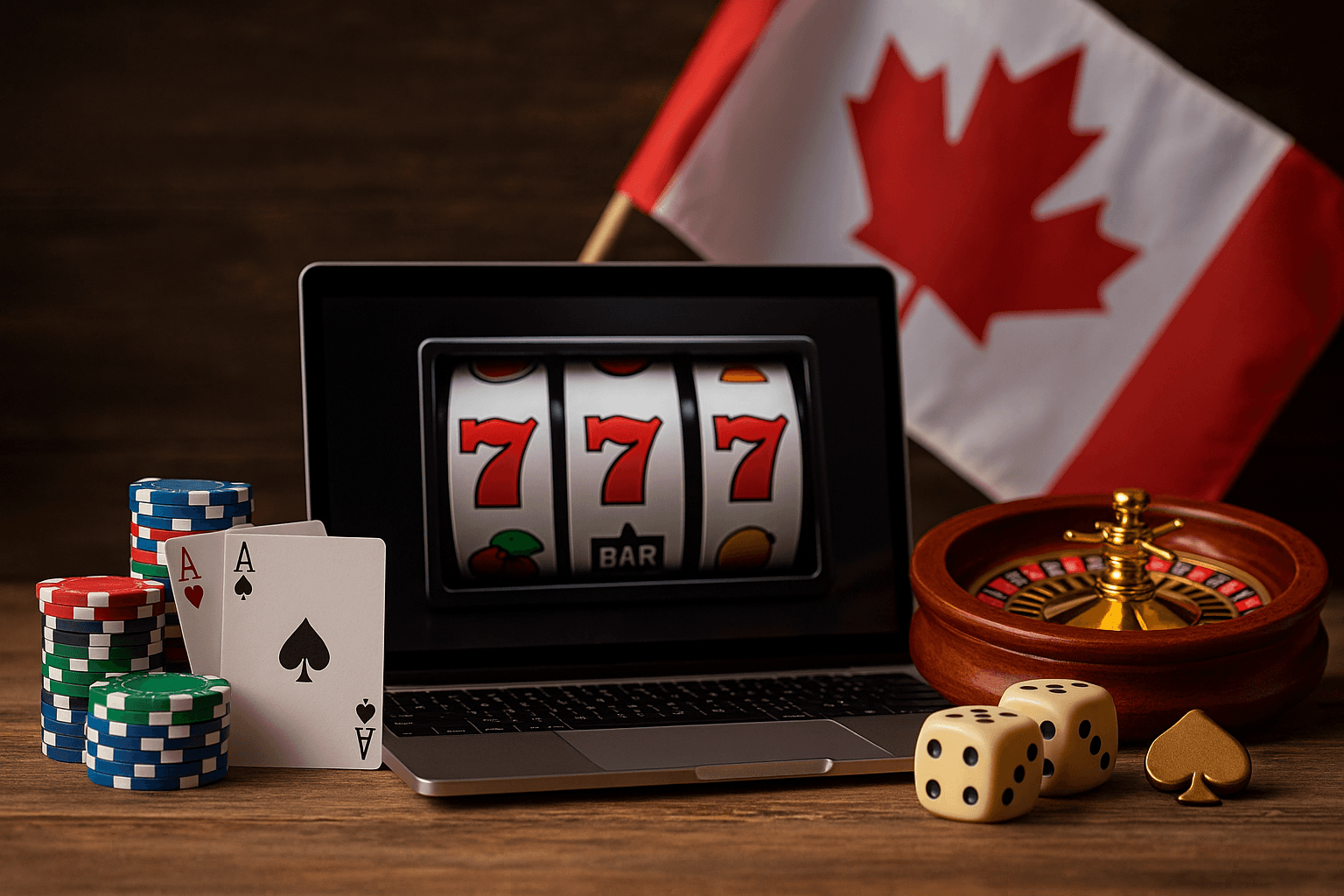 Canadian online gambling concept with Toronto skyline, CN Tower, slot reels, poker chips, and roulette wheel in a futuristic red and white design.