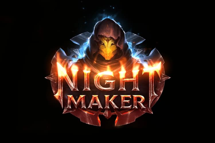 A hooded figure with a glowing gold mask appears above the words "Night Maker" in fiery, stylized text with blue lightning