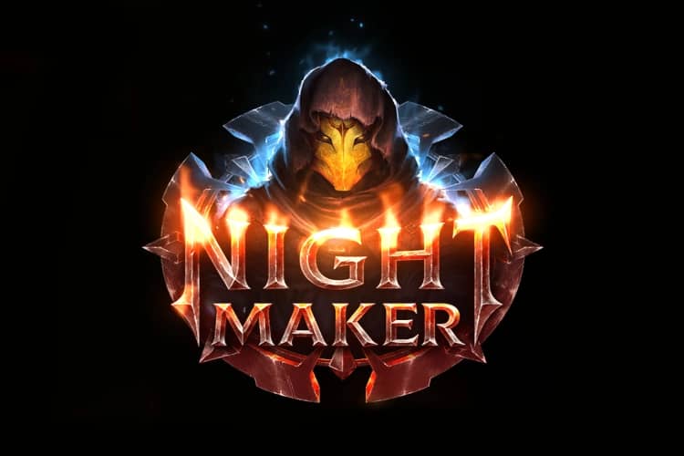 A hooded figure with a glowing gold mask appears above the words "Night Maker" in fiery, stylized text with blue lightning.