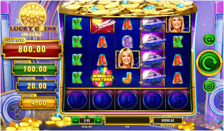 Slot machine interface with five reels displaying symbols including letters, yachts, a woman’s portrait, and a Wheel Bonus symbol, alongside jackpot tiers labeled Grand, Major, Minor, and Mini.