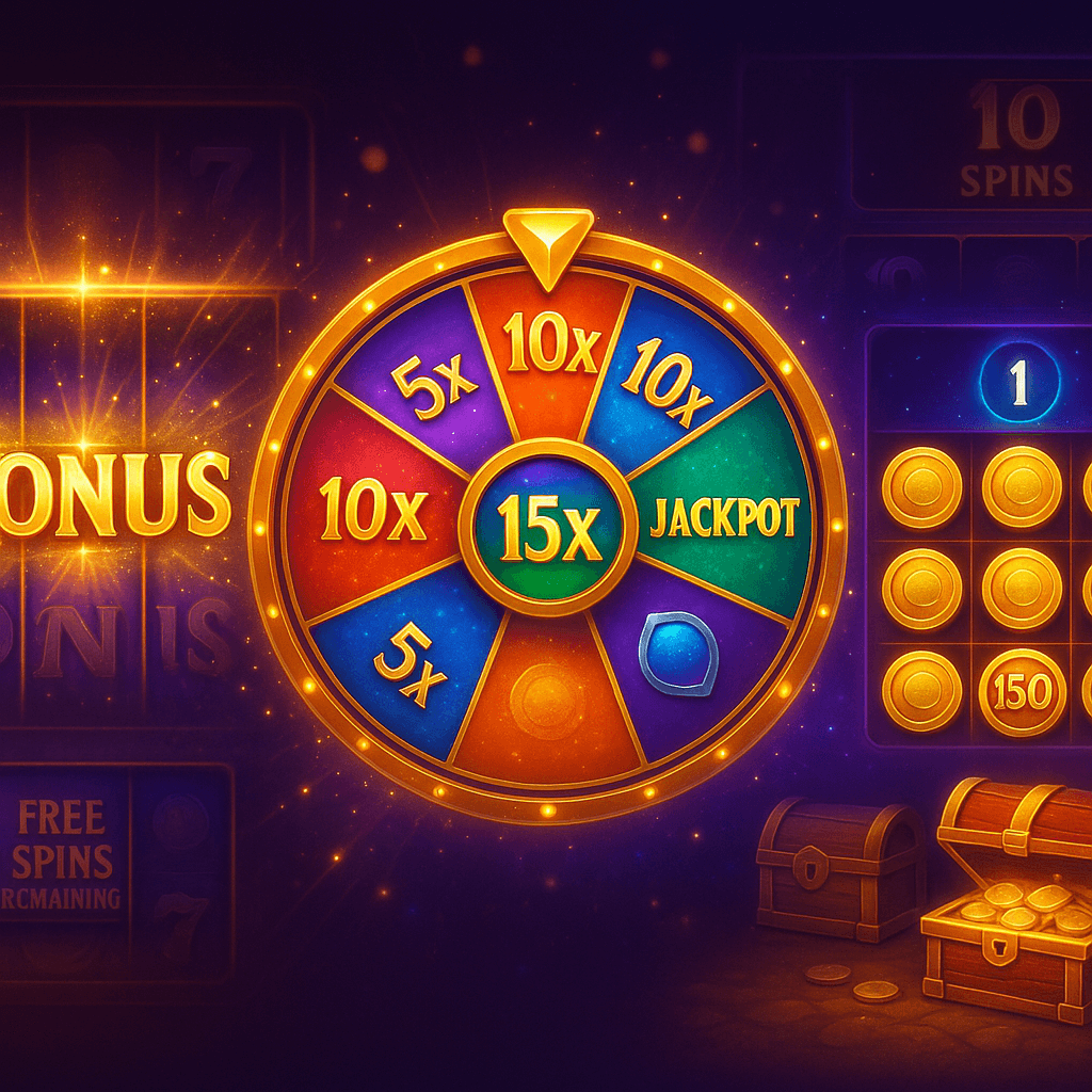 A golden joker face with jester hat set against radiant purple and gold rays, surrounded by glowing coin and star motifs.