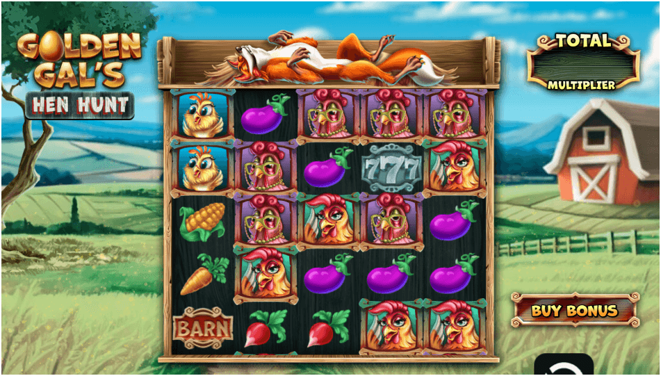 A five-reel slot game featuring cartoon hens, vegetables, and a fox reclining above the reels, with a barn in the background and a visible bonus button.