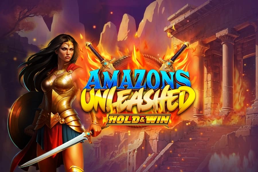 Amazons Unleashed Hold & Win slot title screen with fierce Amazon warrior and flaming temple background.