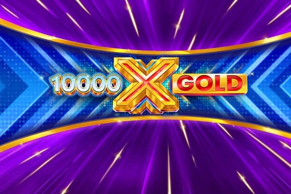 10000X Gold slot logo with bright gold X and glowing purple background representing high-volatility jackpot gameplay.