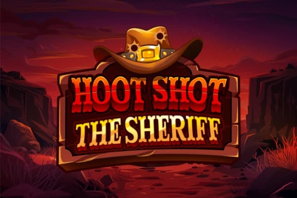 A stylized wooden sign featuring a cowboy hat above bold red and yellow text, set against a canyon landscape at dusk.