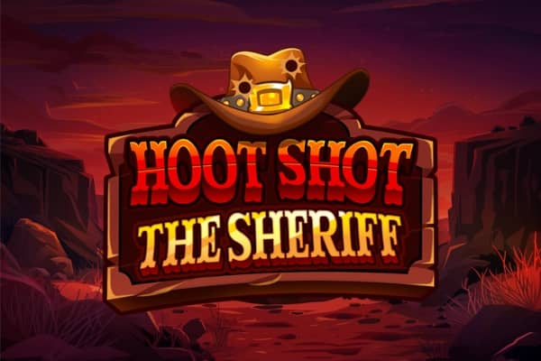 A stylized wooden sign featuring a cowboy hat above bold red and yellow text, set against a canyon landscape at dusk.