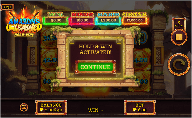 Hold & Win feature activated in Amazons Unleashed slot, showing jackpot tiers and glowing reward symbols.
