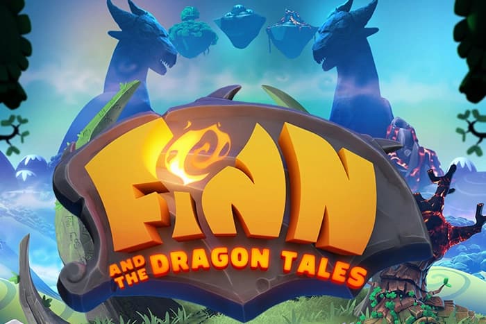 A vibrant fantasy landscape with floating islands, towering dragon-shaped mountains, and a bold, fiery title set on a stone plaque.