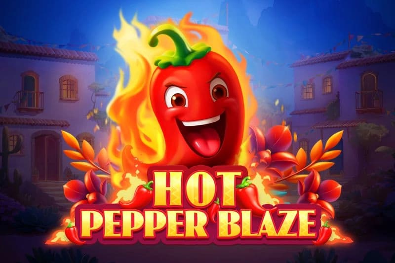 Fiery smiling red pepper character surrounded by flames above the Hot Pepper Blaze slot logo.