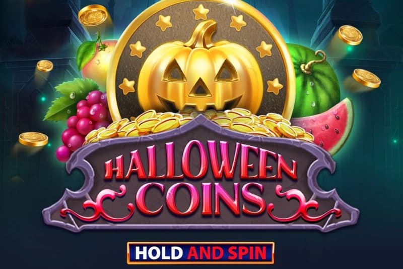 Halloween Coins Hold and Spin slot artwork featuring a golden jack-o’-lantern coin, fruits, and glowing Halloween-themed graphics.