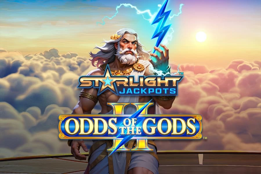 A muscular bearded god holding a glowing lightning bolt stands amid golden clouds with a glowing sky in the background.