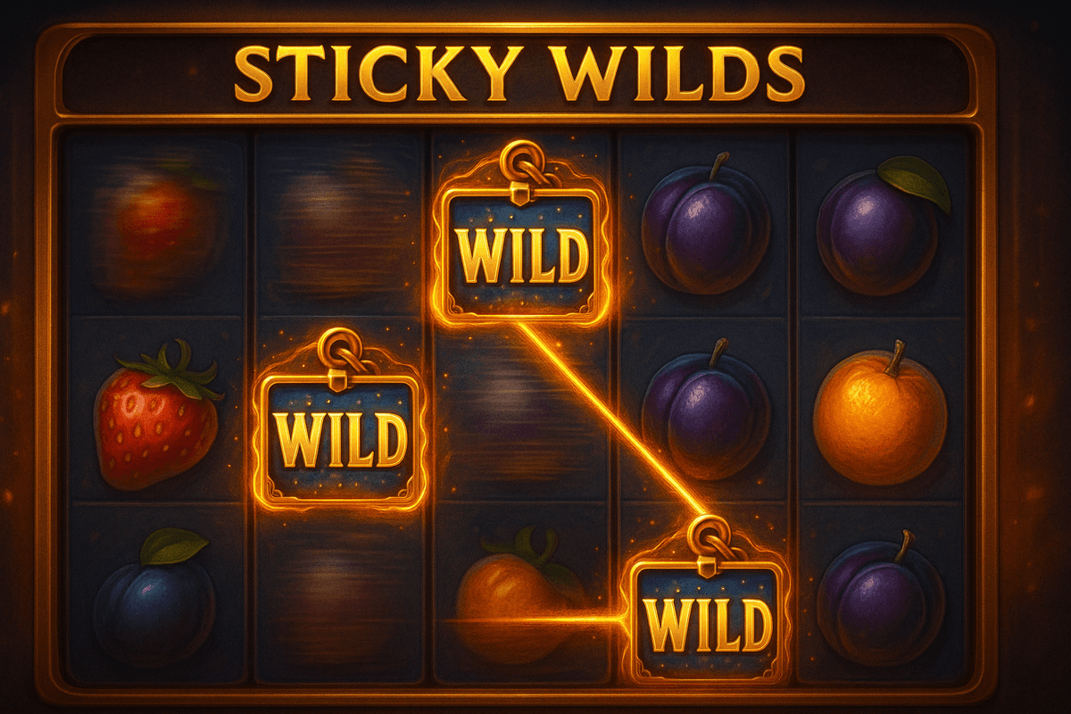 Slot machine screen showing Sticky Wild symbols locked in place on the reels, helping form a winning line with glowing visual effects.