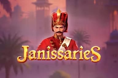 The central character in red Ottoman military attire appears above the title “Janissaries” with a blurred palace and palm trees in the background.