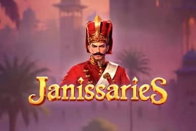 The central character in red Ottoman military attire appears above the title “Janissaries” with a blurred palace and palm trees in the background.