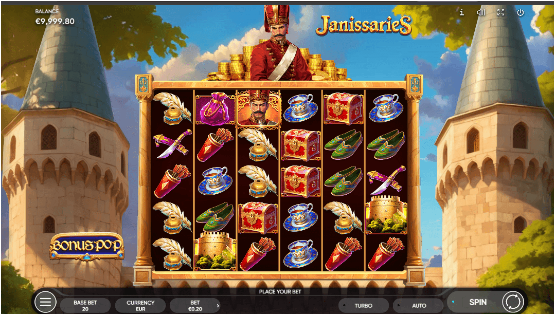 A central figure in red royal attire stands above the game title "Janissaries" with a blurred palace backdrop.