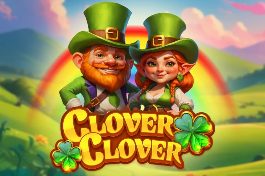 Two smiling leprechaun characters in green hats stand in front of a rainbow over a sunlit countryside.