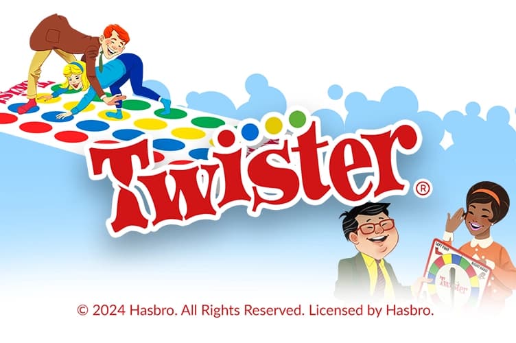 Colorful illustration of people playing Twister on a dotted mat, with the Twister logo prominently displayed and cartoon characters holding a game spinner.