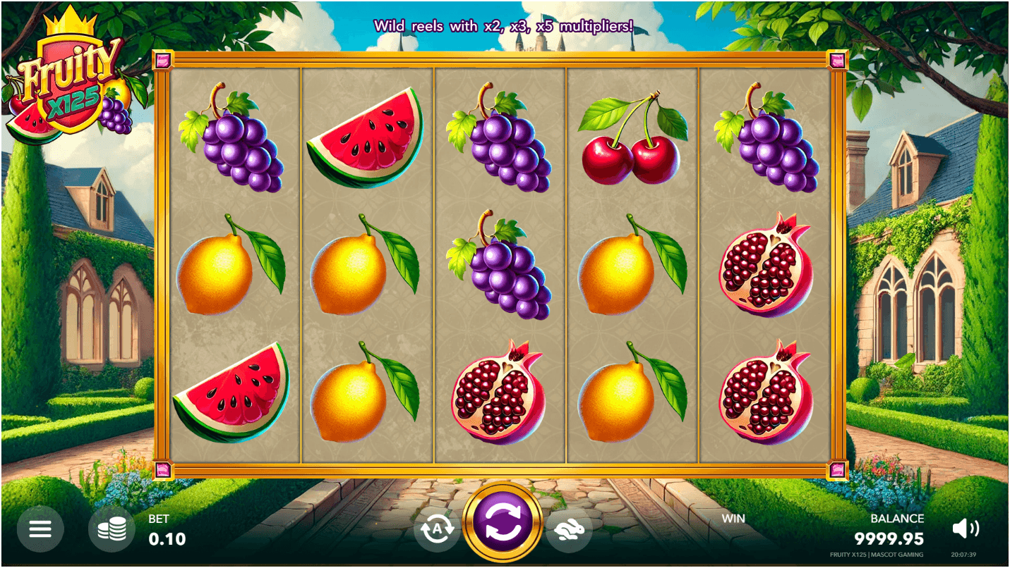 Five slot reels display fruit symbols including grapes, lemons, pomegranates, cherries, and watermelons, framed by garden scenery and gameplay UI.