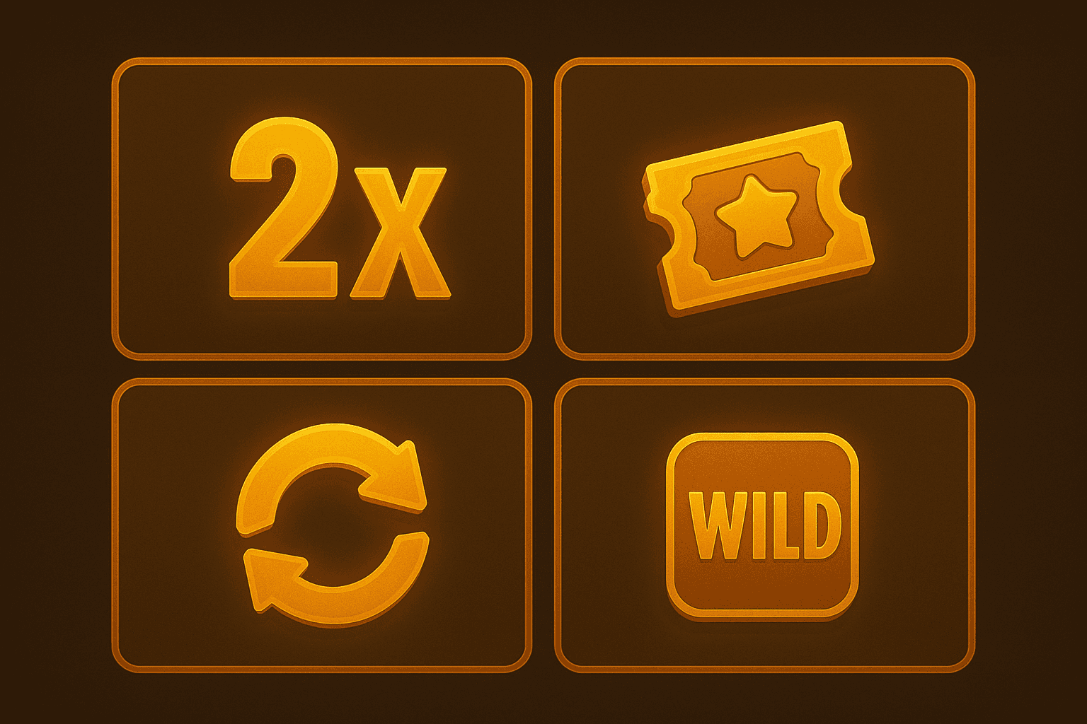 Four glowing golden-orange slot icons—2x multiplier, bonus ticket, free spin arrows, and wild symbol—displayed in a dark grid layout.