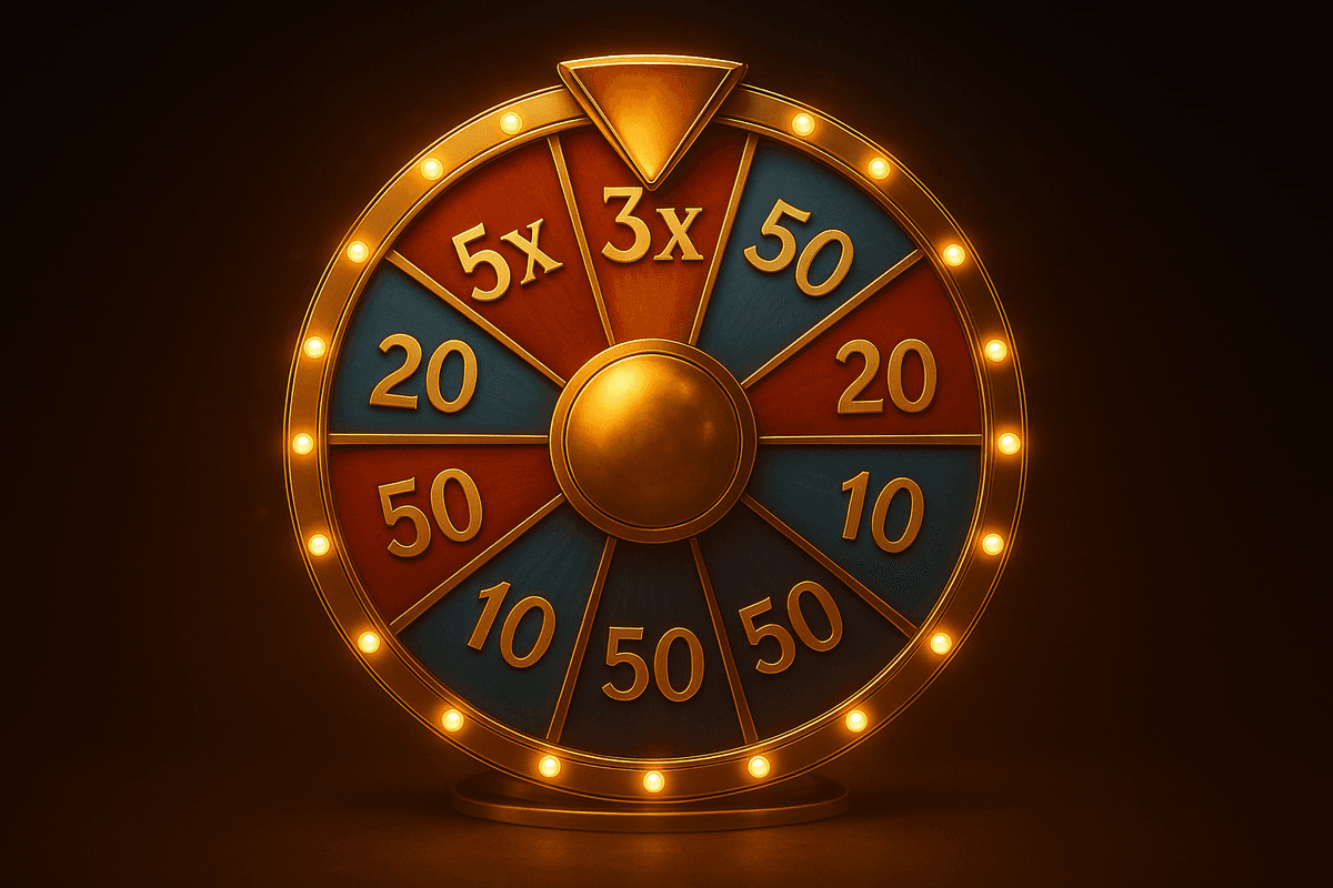 A golden bonus wheel with illuminated segments displaying values like 5x, 3x, 50, 20, and 10.
