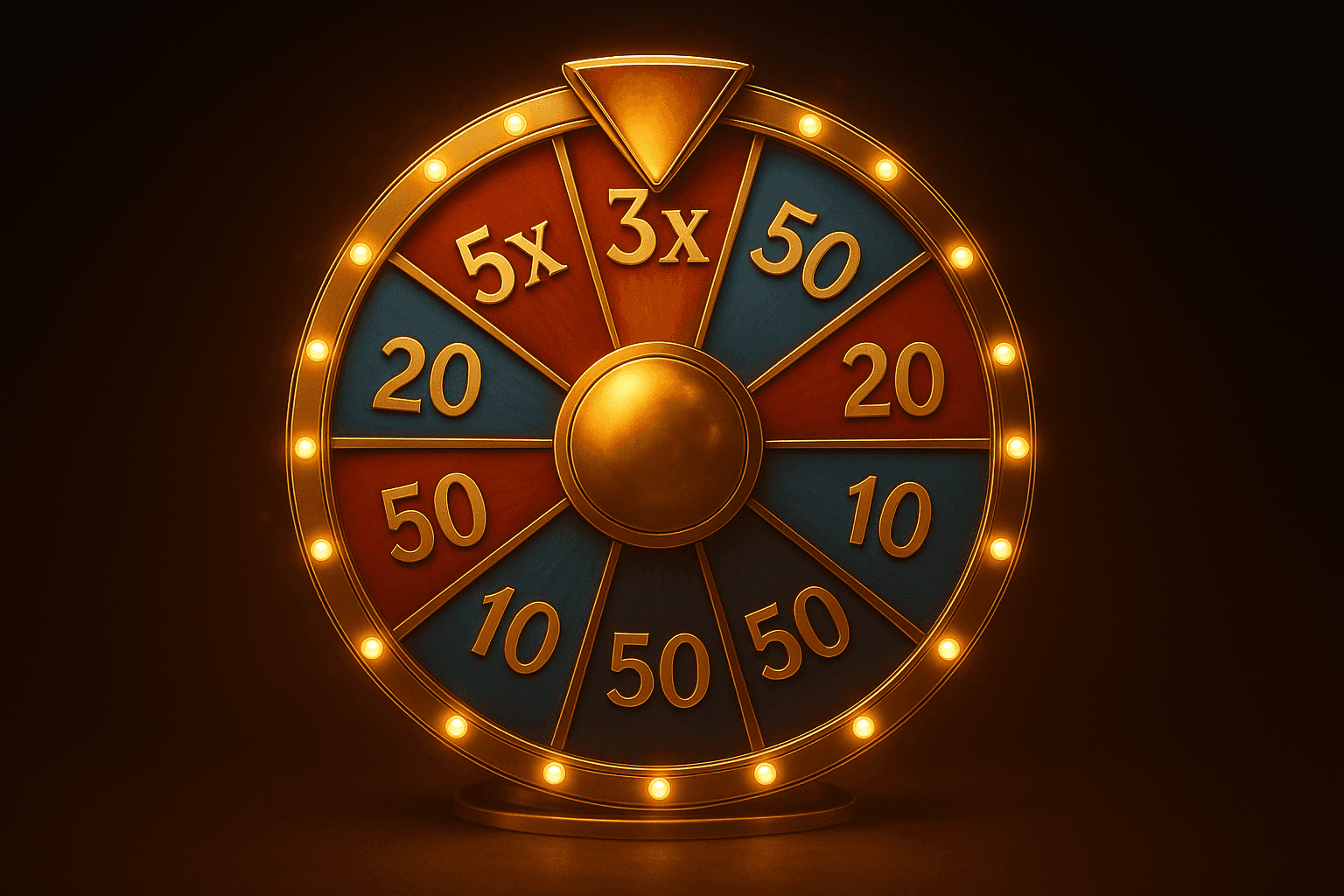 A golden bonus wheel with illuminated segments displaying values like 5x, 3x, 50, 20, and 10.
