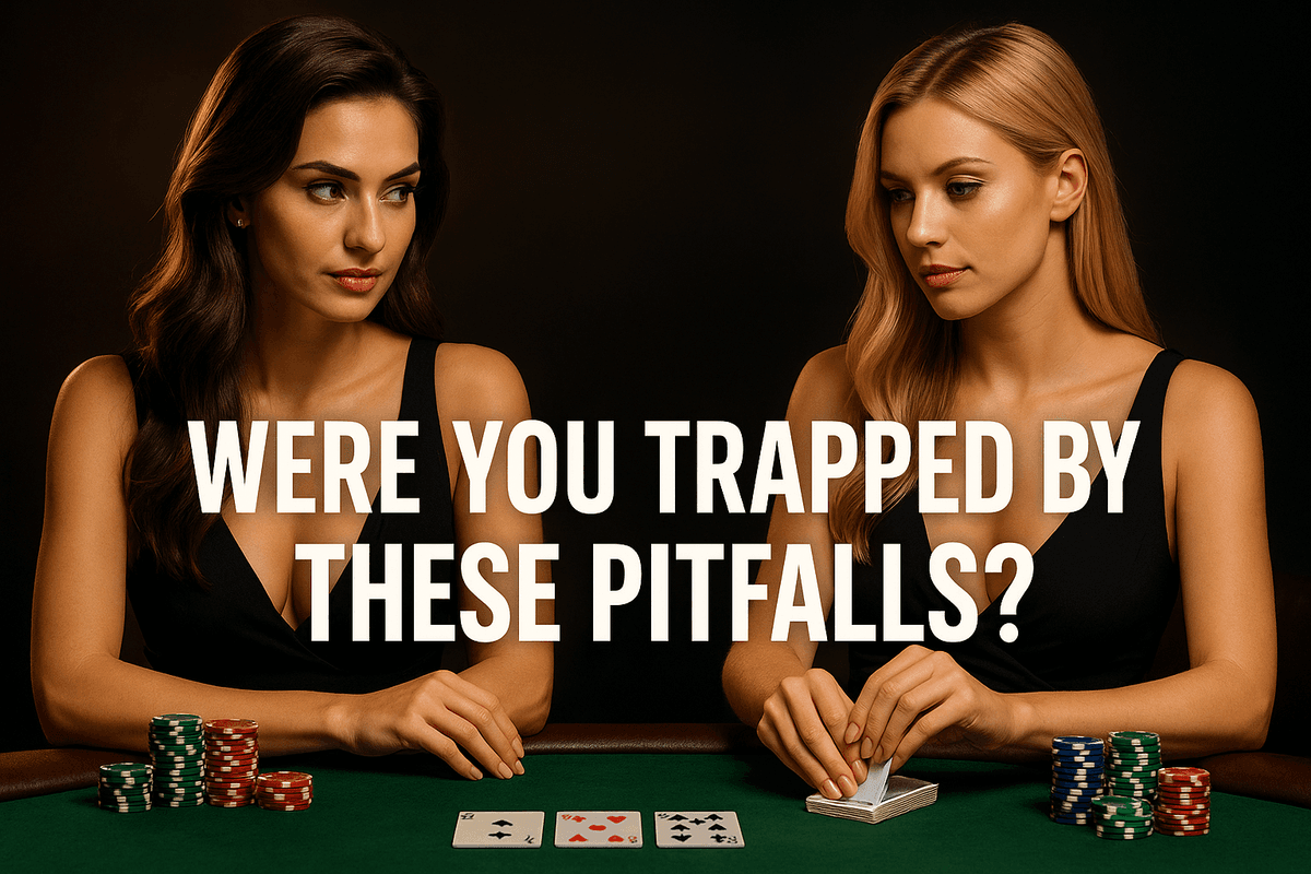 Two confident female poker players sitting at a green table, highlighting gambling psychology traps and strategic ways to avoid common betting pitfalls.