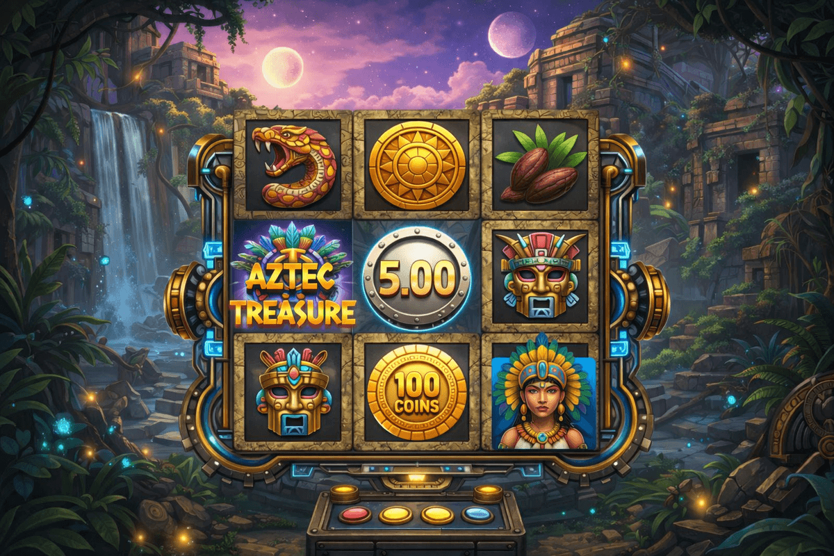 3x3 slot machine grid showing Aztec Treasure theme with masks, coins, and golden sun symbols on stone reels
