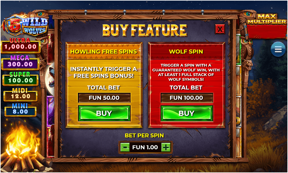 Buy Feature screen offering Howling Free Spins for 50.00 FUN and Wolf Spin for 100.00 FUN, with visible prize tiers.