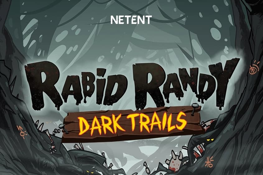 Rabid Randy Dark Trails slot game logo by NetEnt featuring horror-style dripping text against a dark misty forest background with yellow Dark Trails text on wooden sign