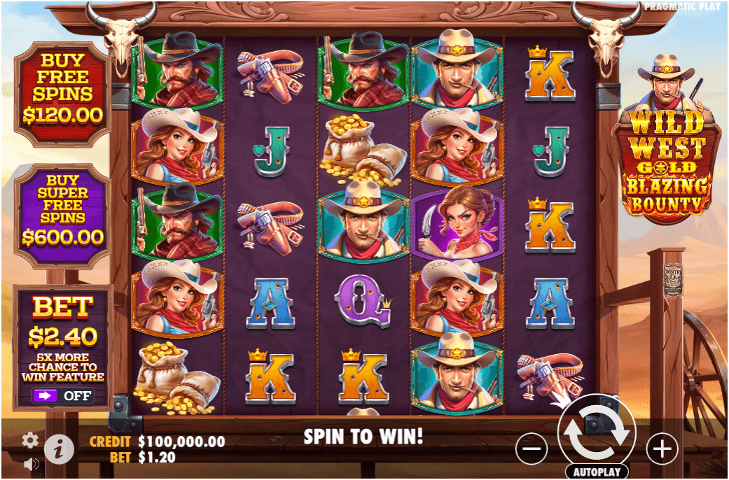 A five-reel slot interface featuring cowboy-themed symbols, character portraits, playing card icons, and UI elements like bet options and spin controls.