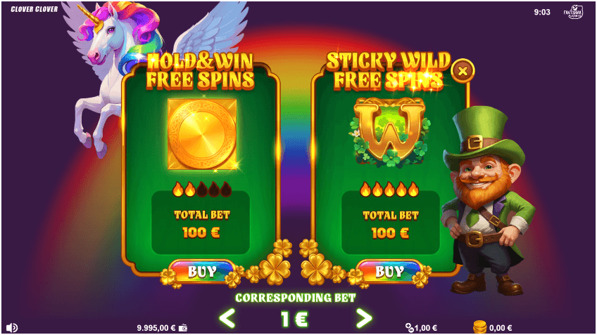 A slot game bonus selection screen showing two options: Hold & Win Free Spins with a unicorn, and Sticky Wild Free Spins with a leprechaun.