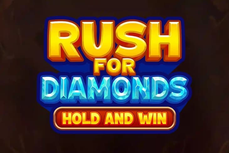 Rush For Diamonds title in bold yellow, blue, and red lettering with a gem-themed Hold and Win subtitle.