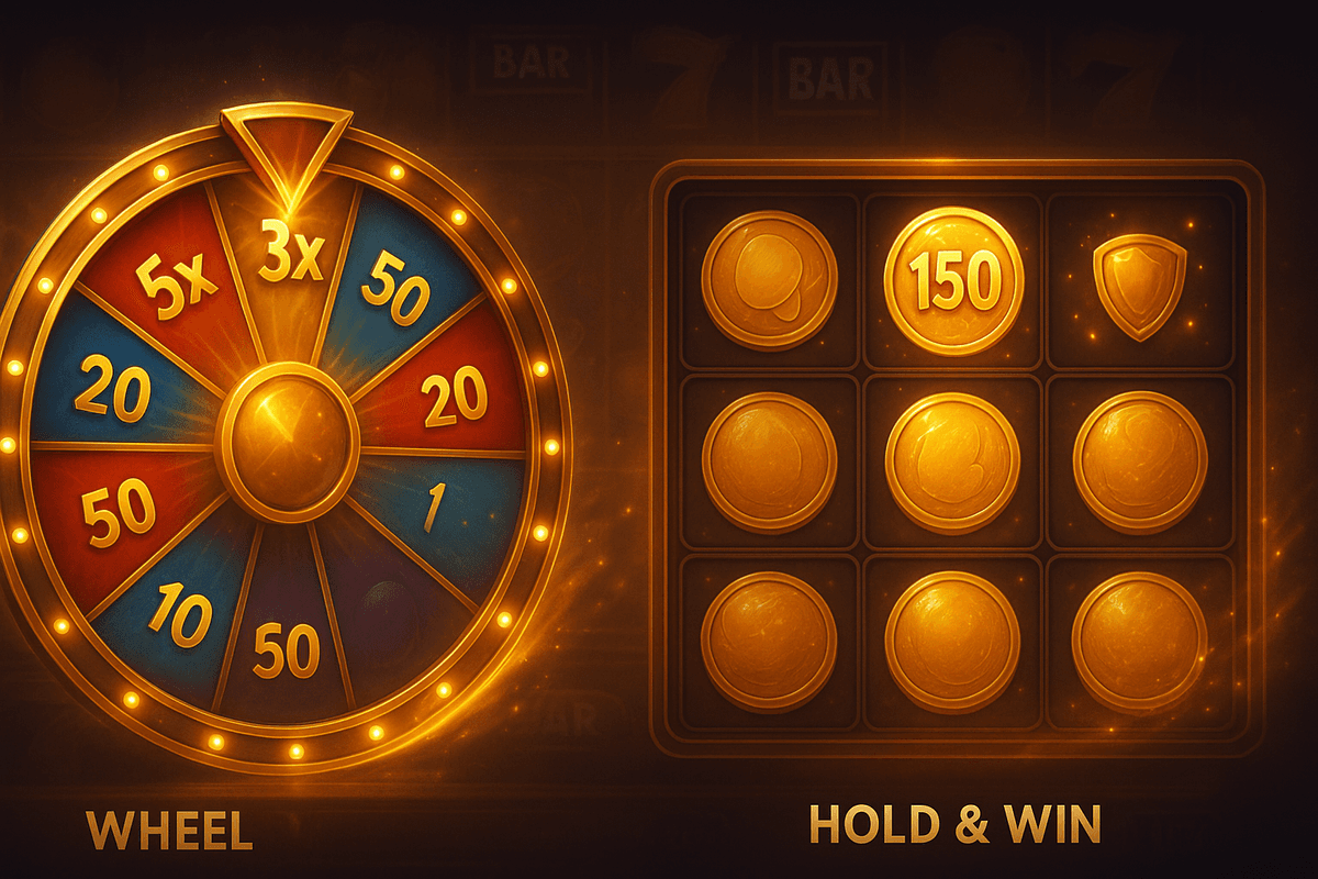 A brightly lit prize wheel and golden coin grid illustrate two distinct slot bonus features against a dim base game backdrop.