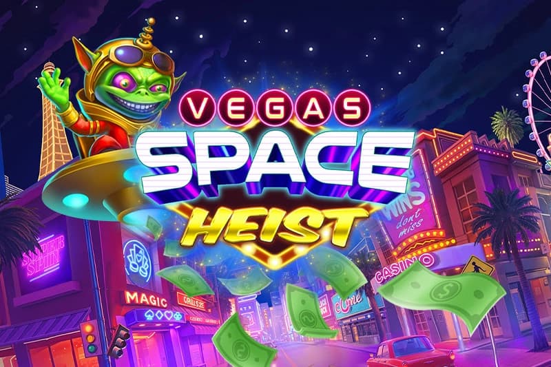 A green alien in a gold helmet rides a glowing UFO above a neon-lit city street with dollar bills flying.