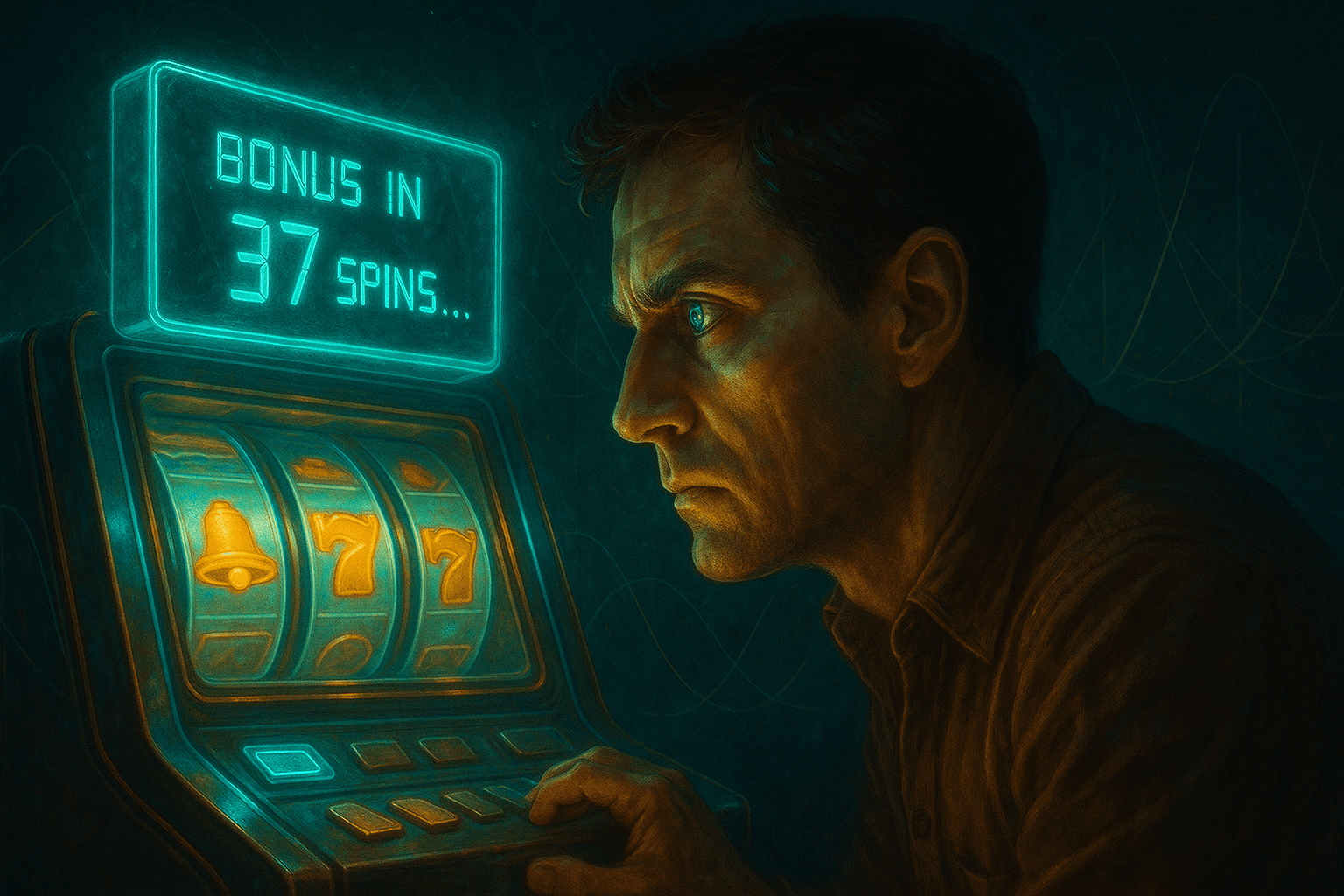 Person viewing slot machine display showing bonus countdown timer, illustrating common misconceptions about slot volatility patterns