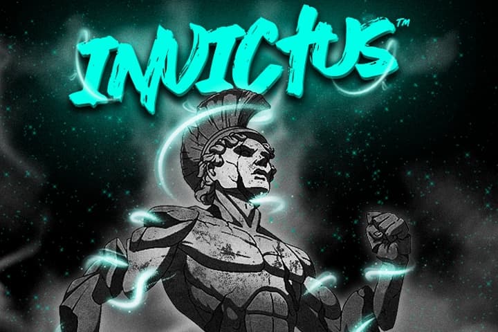 A stone Roman warrior statue wearing a plumed helmet stands upright with glowing teal energy swirling around its body, set against a smoky, star-speckled black background with the word "INVICTUS" in bold neon graffiti-style text above.